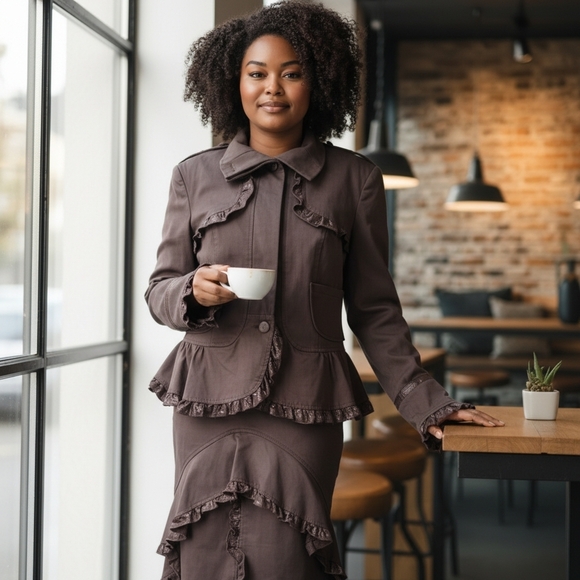 Aqua Jeans Dresses & Skirts - Italian Y2K Choclate Brown Ruffled Skirt and Blazer Set Steampunk Dark Academia
